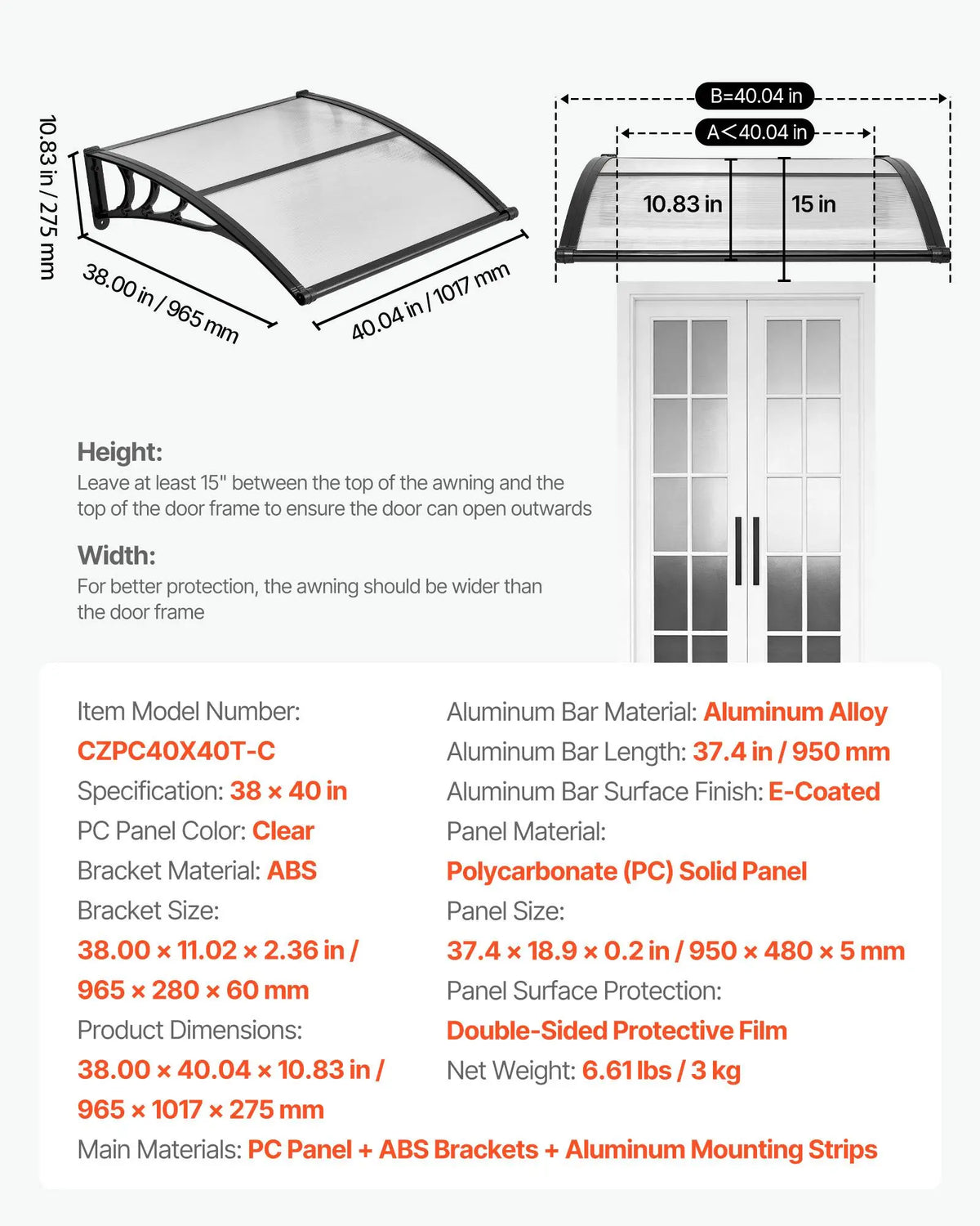 ✨VEVOR Front Door Canopy DIY Kit - Stable ABS Brackets, Drainage, Waterproof UV-Resistant Sun Shield Strong Wind Parasols, Canopies &amp; Shade for Porch Patio Overhang#SohoChic